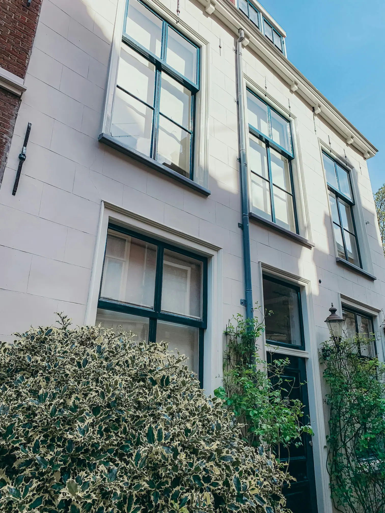 Schmale Altbaufassade mit großen Fenstern und begrüntem Vorgarten